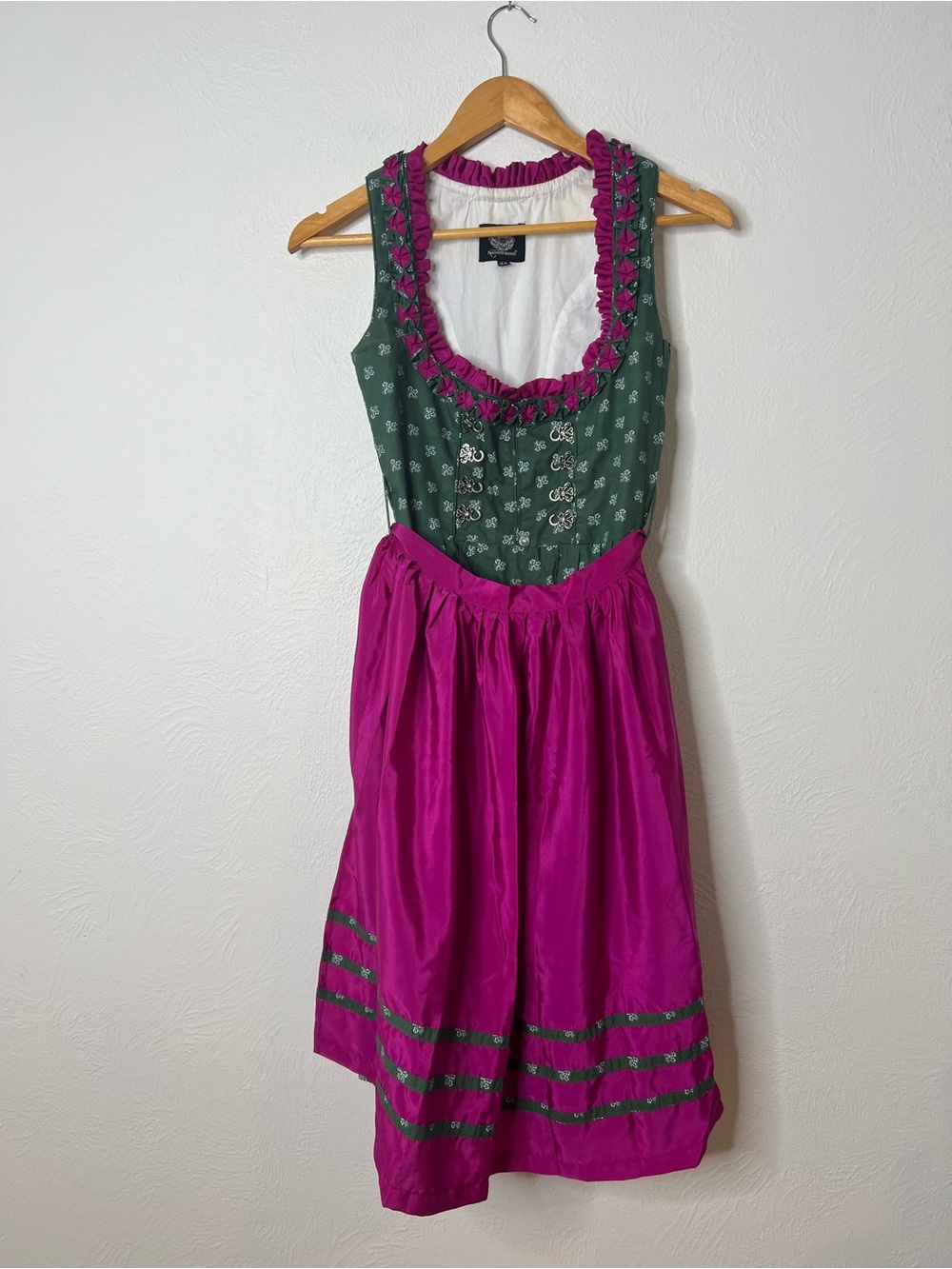 Almenrausch Traditional Dirndl Midi Dress in Green and Magenta size XS